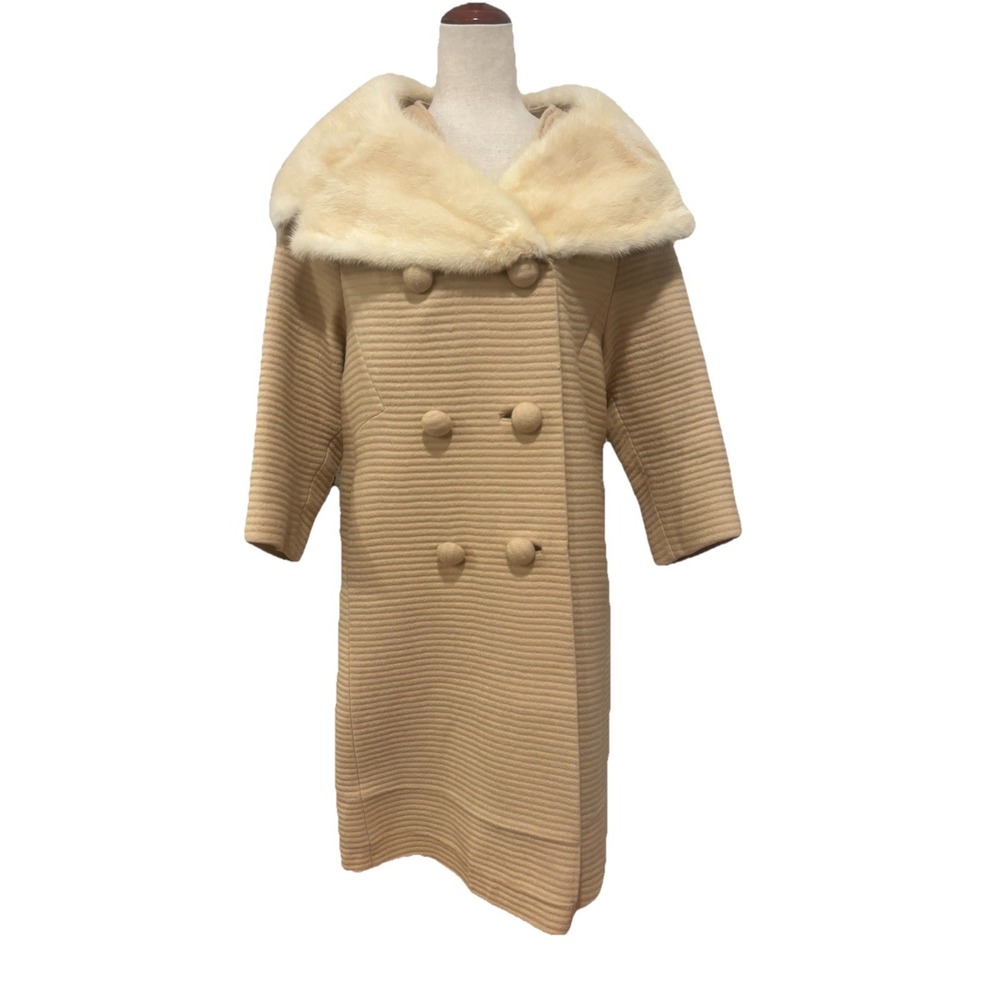 Vintage The Higbee‎ Company Beige Coat Wool Blend Fur Collar Ribbed Womens Large